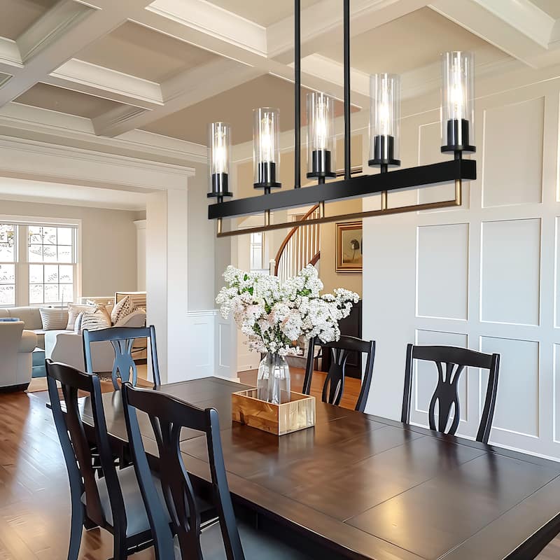 Modern Industrial 5-Light Chandelier Black Gold Kitchen Island Light Fixture with Clear Glass for Dining Room