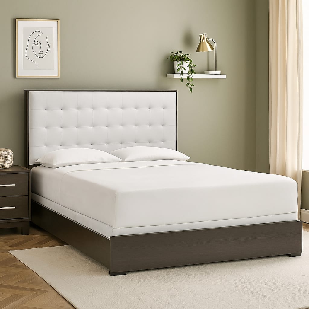 Hez Queen Size Bed, Tufted Cream White Headboard Upholstery, Dark Brown