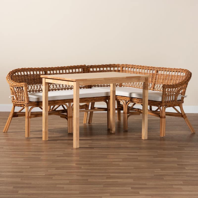 Nella Bohemian Natural Brown Finished Wood and Rattan 3-Piece Dining Nook Set