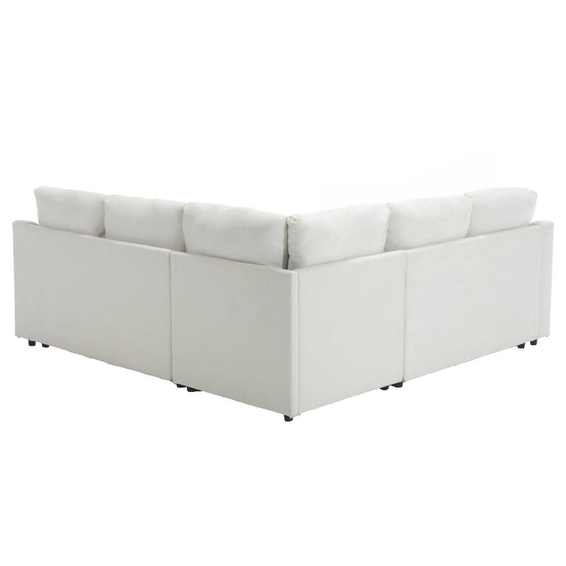 Beige 81.5'' L-Shaped 5 Seater Sectional Sofa with Pull-Out Bed and 6 Pillows, Multifunctional Corner Couch for Living Room