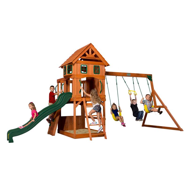 Backyard Discovery Atlantis Cedar Wood Swing Set, Slide, Clubhouse - 18'1" x 7'9" - Brown - Swing Set - 18'1" x 7'9" - Kids