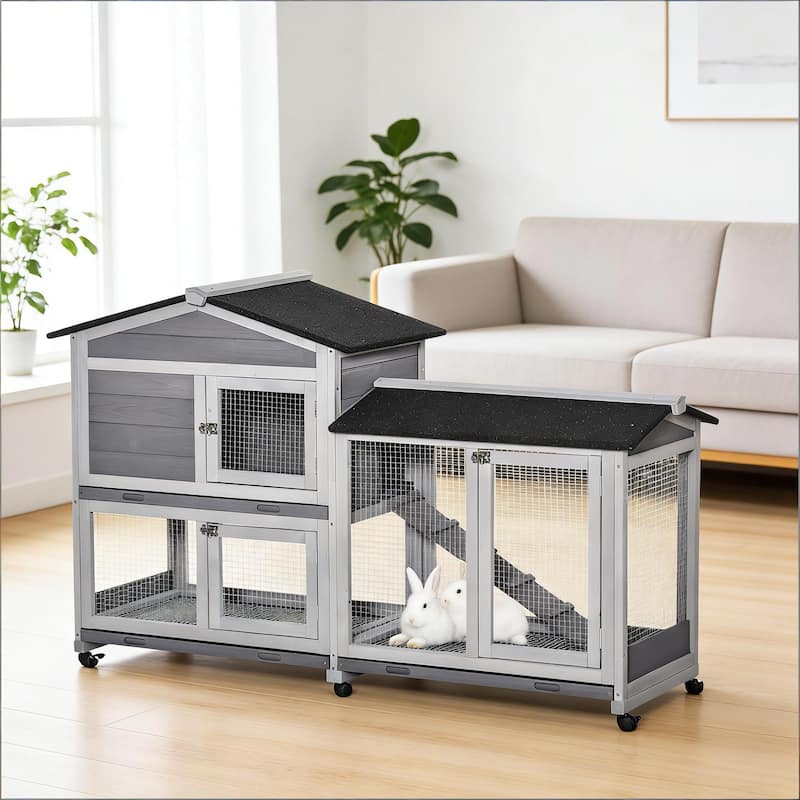 Mobile Pet Hutch,Wooden Rabbit Hutch is designed for convenient cleaning - Black,LIGHT GREY