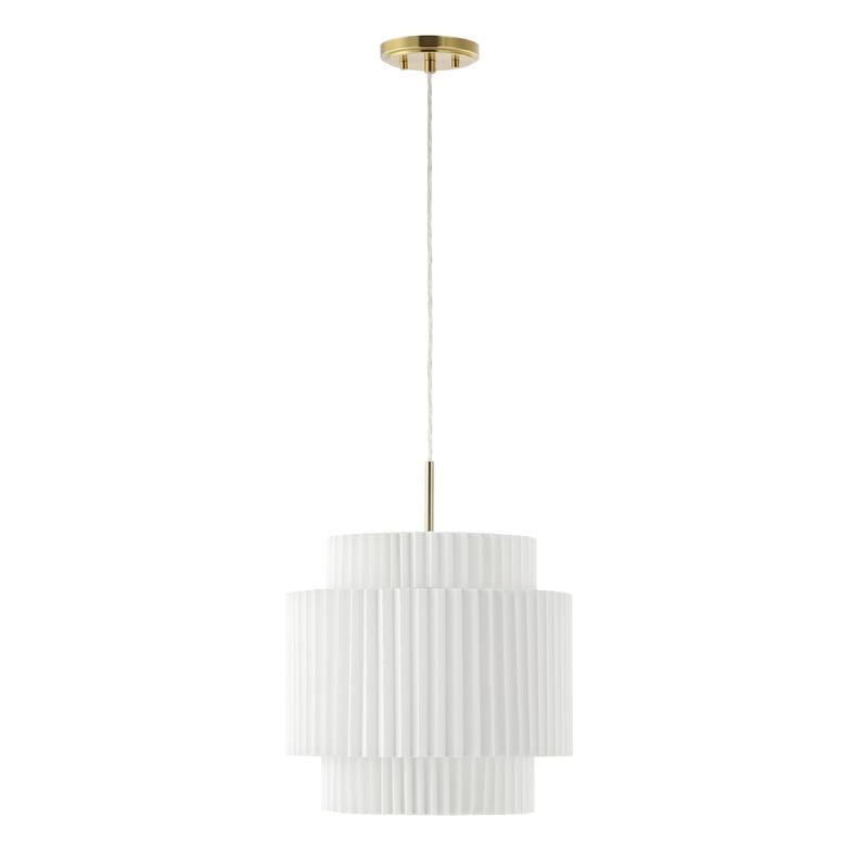 Calix 14.5" 1-Light Vintage Mid-Century Iron LED Pendant with Pleated Shade, Brass Gold/White by JONATHAN Y