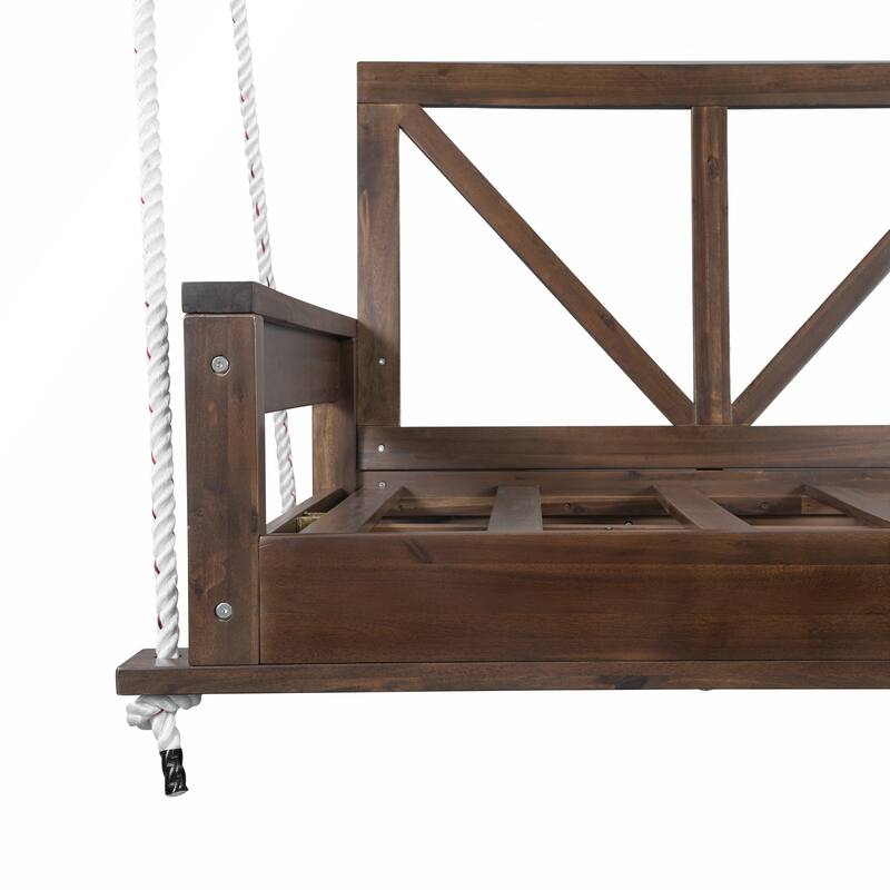 Durable Acacia Wood Twin Size Patio Swing Bed with High Backrest and 16.4ft Hemp Ropes