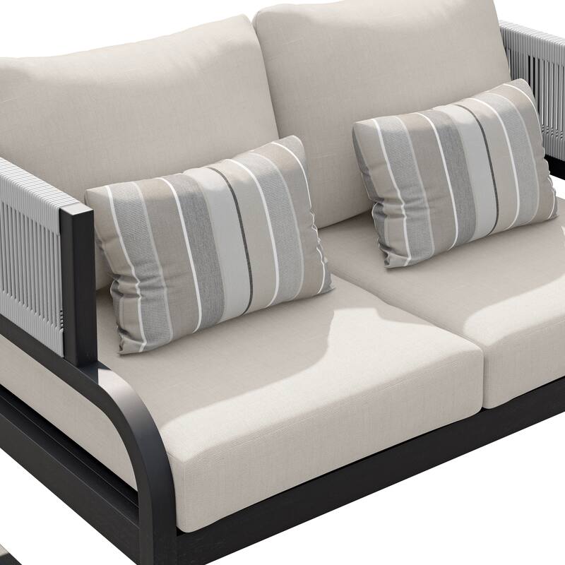 Corvus Rocio Outdoor Loveseat with Sunbrella Cushions and Pillows - Beige / Black