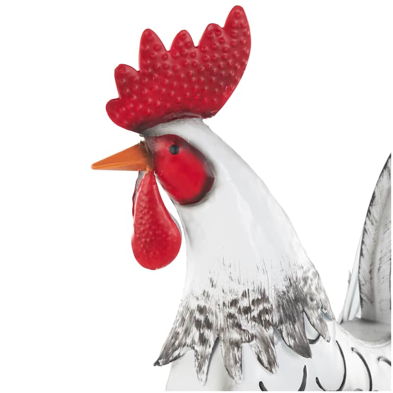 White Metal Rooster Garden Sculpture with Black Texturing and Red Accents