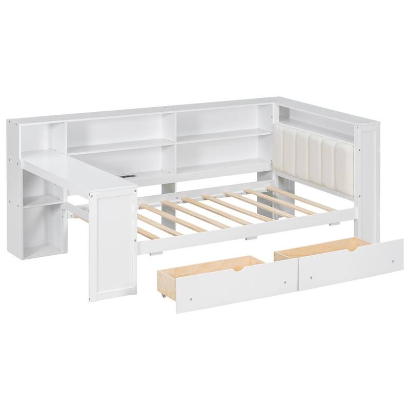 Twin/Full Size Storage Platform Bed w/ Shelves & Drawers, Wooden Daybed w/ Upholstered Headboard, Charging Station & Light