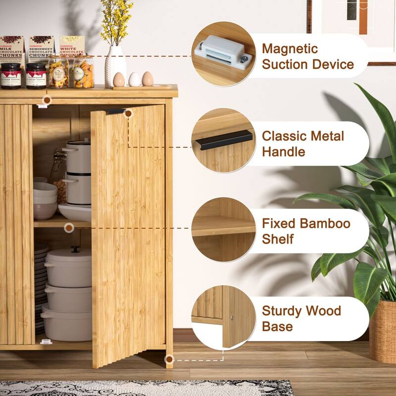 VEIKOUS Bamboo Buffet Sideboard Cabinet with Storage, Kitchen Storage Cabinet with Fluted Waveform Door