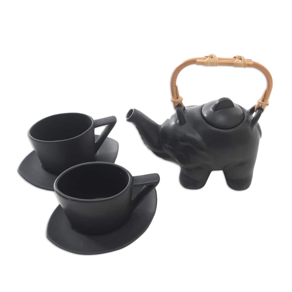 Novica Handmade Tea With Elephants Ceramic Tea Set For Two (5 Pcs)