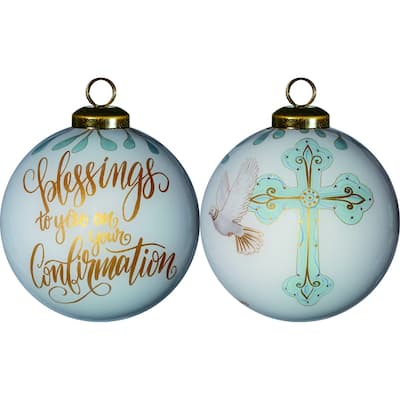 Gold Confirmation Hand Painted Mouth Blown Glass Ornament - 3" x 3" x 3"
