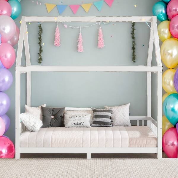 slide 2 of 17, Twin Size Wood House Bed Platform Bed with Guardrail and LED,Kids Bed Design White