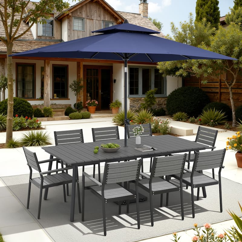 11-Piece Outdoor Dining Set 8 Stackable Chairs and Aluminum Table w/ 10 ft Umbrella and Base Stand - Grey Table with Navy Blue Umbrella