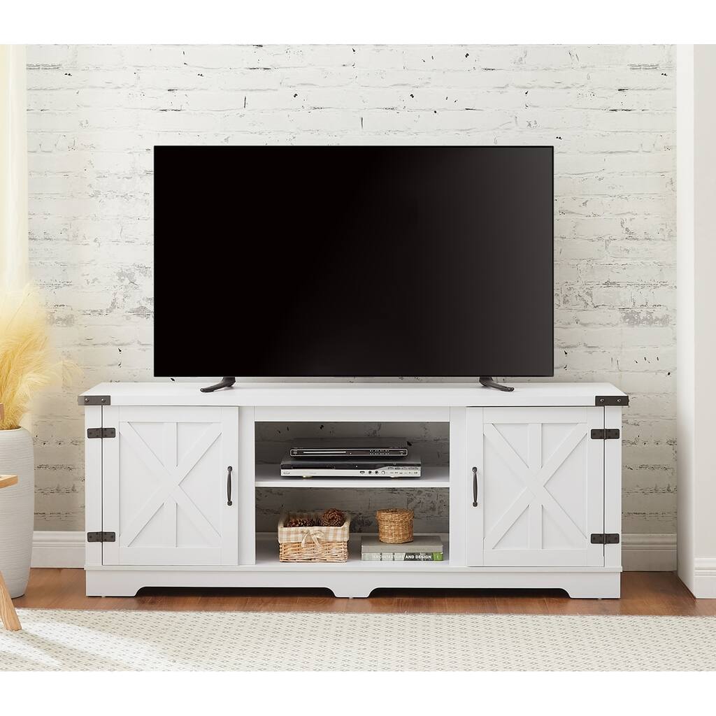 White 64.8" TV Stand with Open Shelves and Closed Cabinets for TVs Up to 70"