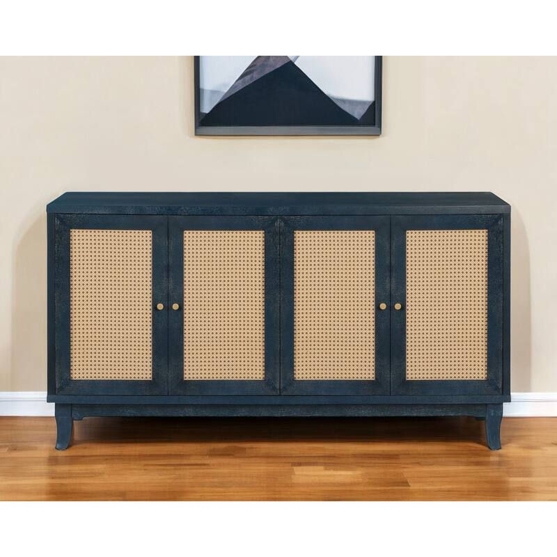 HomeRoots 60" Blue Wood And Rattan Distressed Sideboard with Four Doors - 59.8' X '32.3' X '15.6 - 59.8' X '32.3' X '15.6
