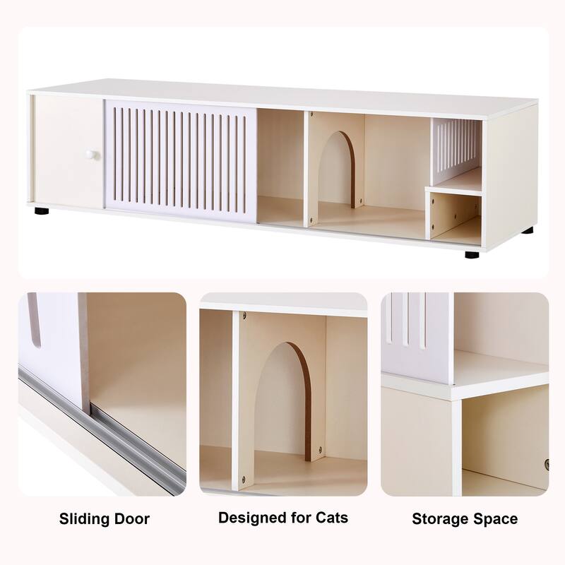 Wood Media Console with Removable Sliding Door, TV Stand with Slatted Doors, Cat-Friendly Compartments