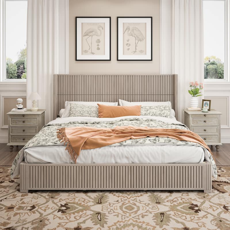 GDFStudio - Modern Solid Wood Low-Profile Platform Bed Frame with Fluted Headboard, Heavy-Duty Support & No Box Spring Needed - Beige - King