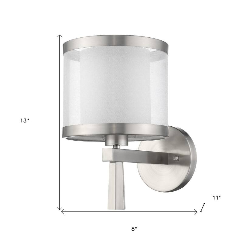 Brushed Silver Wall Light Fixture with White Silk Shade and Hardwired Sconce for Bedroom or Hallway - 13" H x 8" W x 11" D