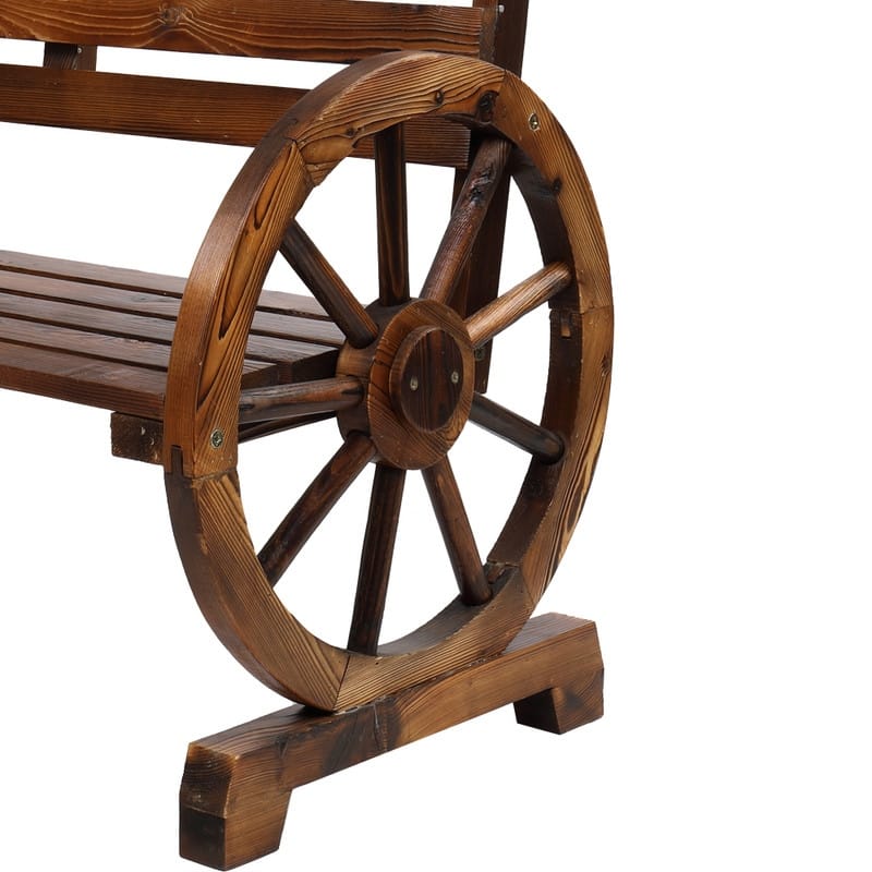 Outdoor Wooden Wagon Wheel Bench with Slatted Seat and Backrest