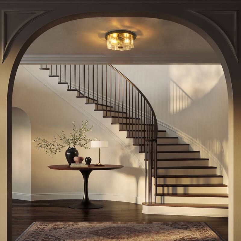 2-light Modern Farmhouse Matte Black Flush Mount Ceiling Light with Clear Flower-Shaped Glass Shade