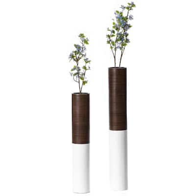 Modern Tall Decorative White and Brown Ribbed Cylinder Floor Vase