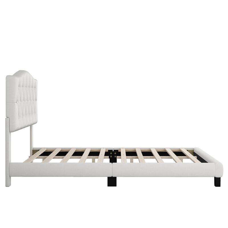Linen Upholstered Platform Bed Frame with Saddle Curved Adjustable Headboard and Diamond Tufted Details