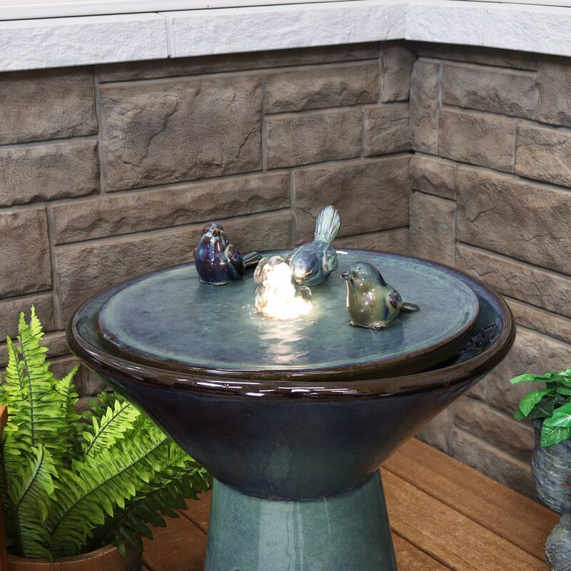 Sunnydaze Gathering Birds Ceramic Outdoor Fountain with LED Lights - 28.25-Inch