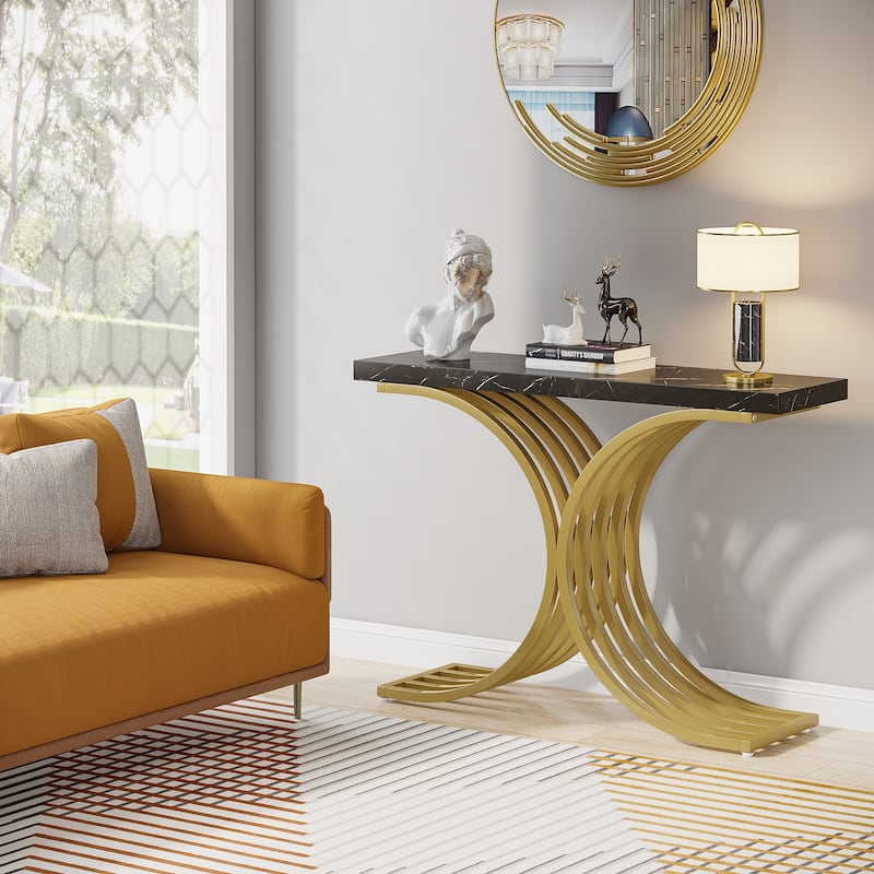 43" Modern Console Table with Gold Base, Geometric Entryway Sofa Table for Living Room Faux Marble, Gold