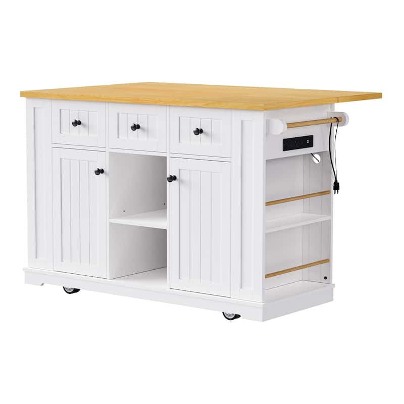 53″ Kitchen Island Cart with Power Outlet and Two Bar Stools
