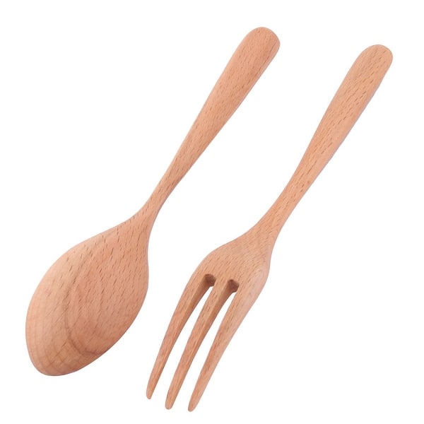 2X Tableware Wood Fork Spoon Dessert Serving Children Food Dining Utensil 、Pop