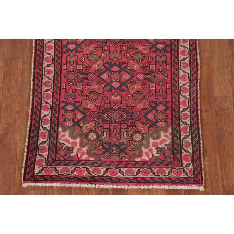 Fuchsia Hamedan Persian Vintage Runner Rug Handmade Wool Carpet - 2'7"x 9'10"