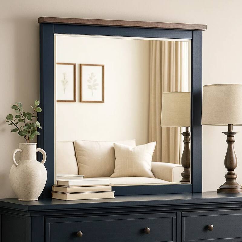 Tela 36 Inch Dresser Mirror, Blue Pinewood Frame, Dark Brown Top - Blue, Dark Brown