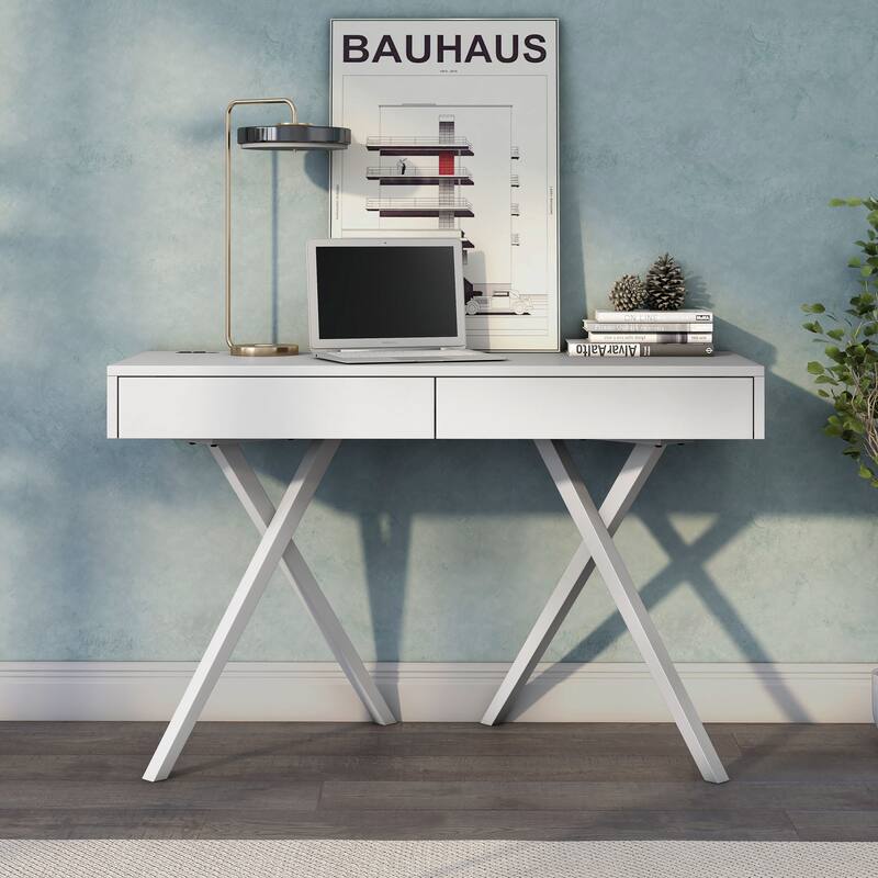 Foli Transitional 47-inch Wood 2-Drawer Desk with USBs and Power Outlets by Furniture of America - White