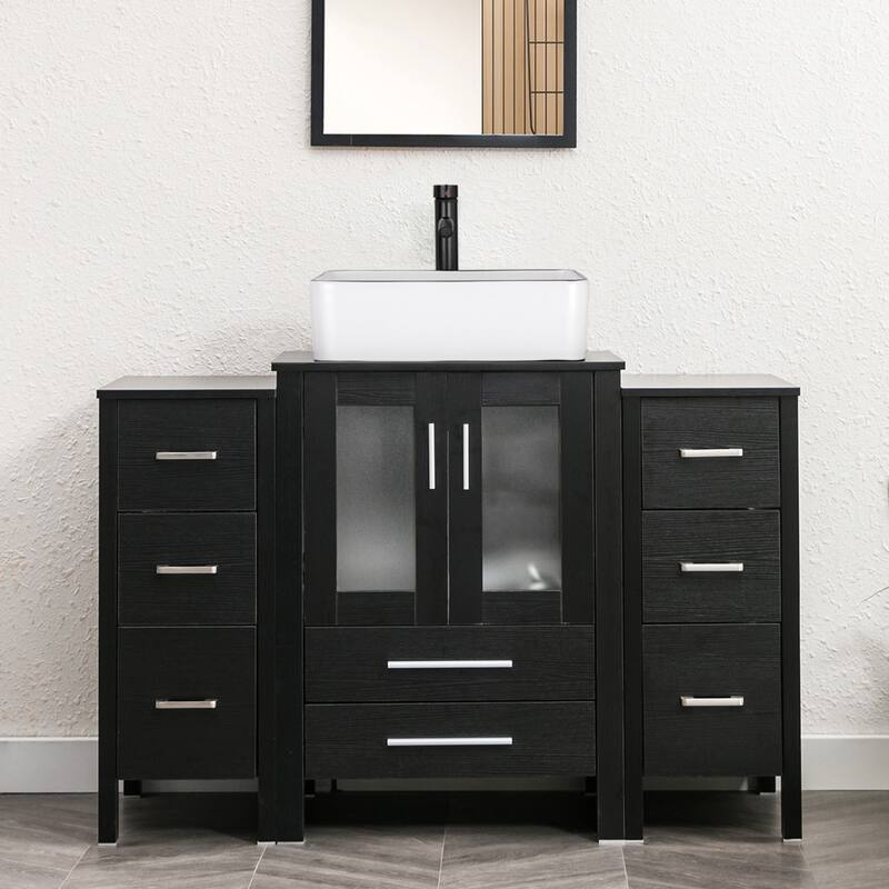 48" Bathroom Vanity Set Vessel Sink Faucet W/ Small Cabinet Combo - black line ceramic sink - Black