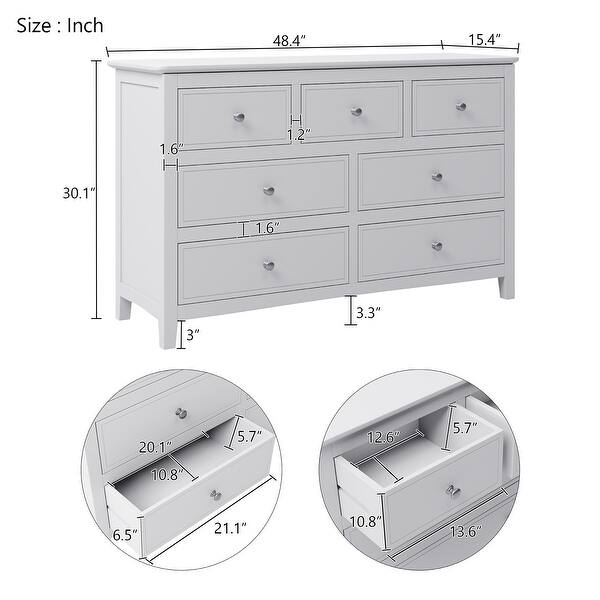 Contemporary Stylish 7 Drawers Solid Wood Dresser In White,Multiscene