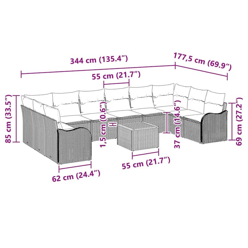 vidaXL 11 Garden Sofa Set with Cushions Black/Grey Poly Rattan - 135.4 x 69.9 x 27.2