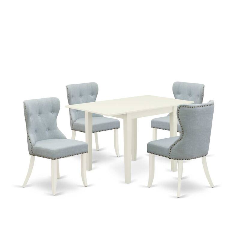 Dining Table Set 4 Chairs - Linen Fabric Blue & White - Modern Wood Kitchen Set