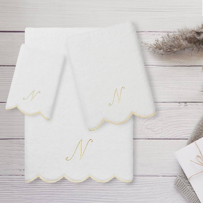 Authentic Hotel and Spa 100% Turkish Cotton Beige ADORNIA Scallop Personalized 3 Piece Towel Set - 3 Piece Set