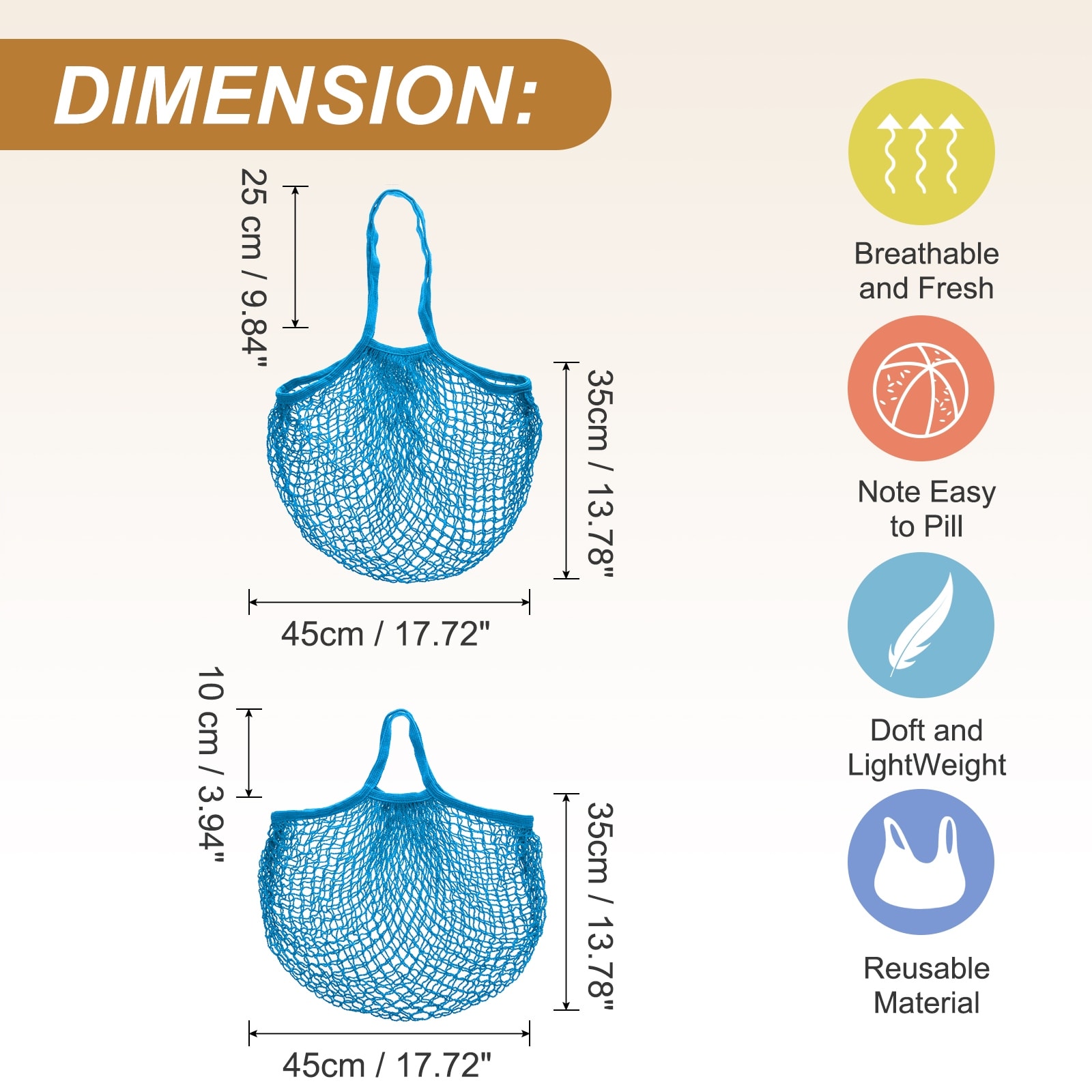 Reusable Mesh Produce Storage Bags Washable Net Portable Bag Cotton String with Long Handle for Shopping