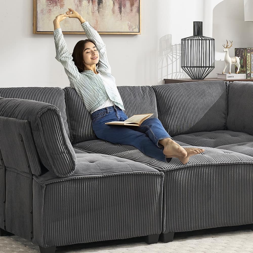 U-Shaped Modular Sectional Sofa, Oversized Corduroy Cloud Couch with Reversible Chaise, Comfy Convertible 6-Seat Corner Couch