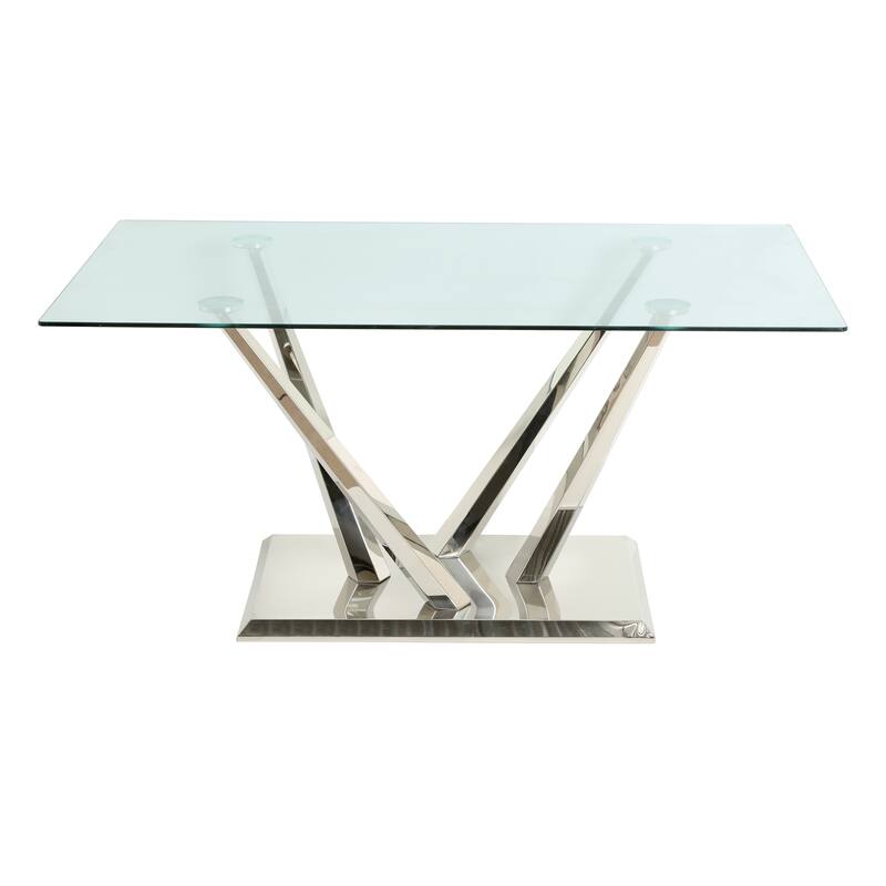 63" Glass Dining Table Set for 4, 5 Piece Dining Table and Chairs Set, Rectangular Table with 4 Faux Leather Chairs & Metal Legs