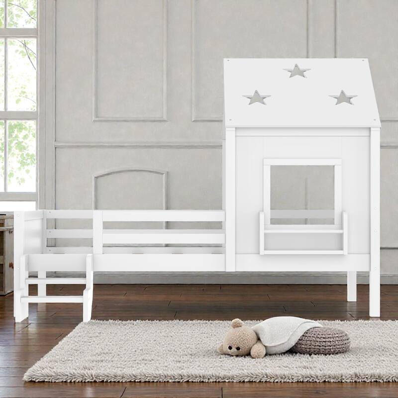 Kids House Platform Bed with Stairs, Star Roof, Window, Bookcase & Blackboard, Solid Wood Low Profile Bed No Box Spring