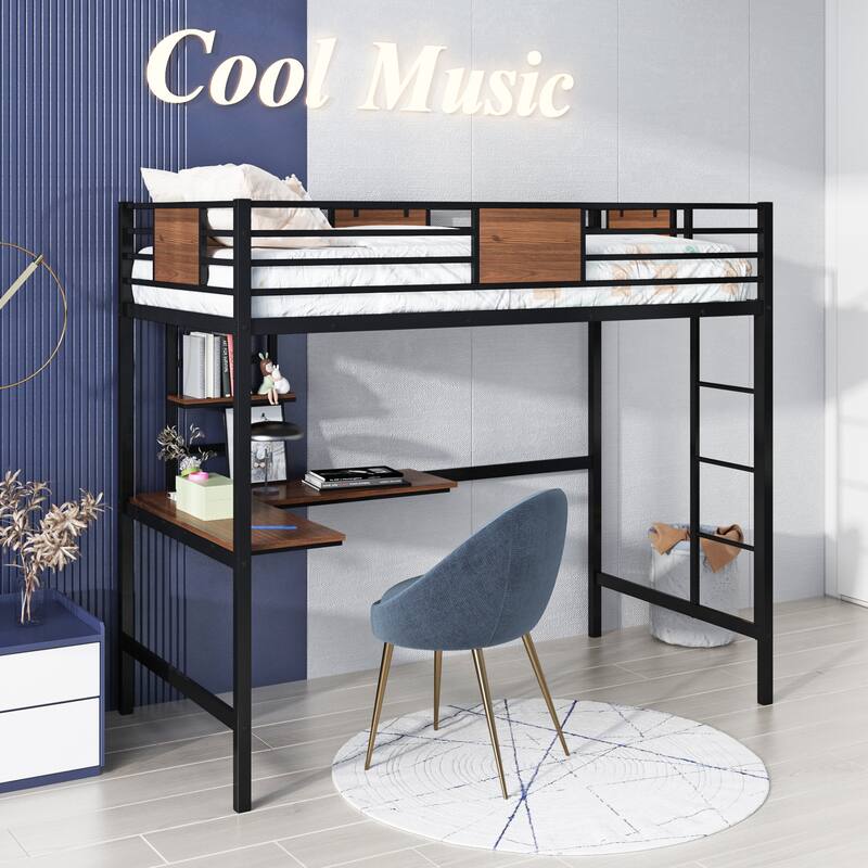 Twin Metal Loft Bed with Desk and Shelve