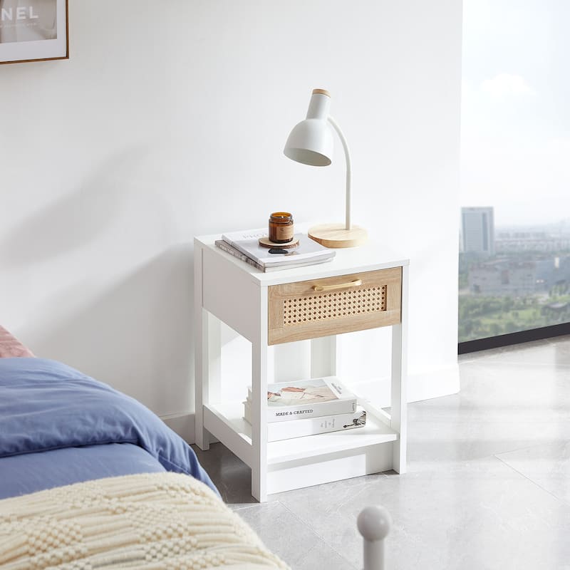 15.75" Rattan End Table With Drawer MDF Modern Nightstand Side Table With Accessories - White