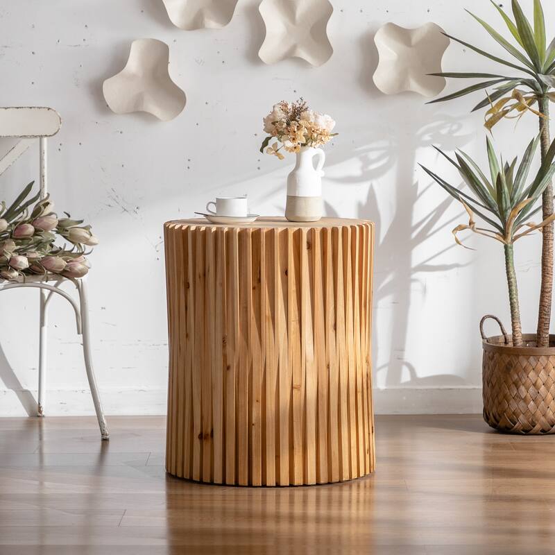 Retro Fashion Style Cylindrical Coffee Table with Vertical Texture Relief Design