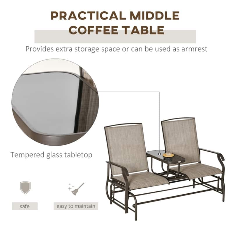 Two-Person Outdoor Beige Sling Glider Bench with Center Table and Brown Steel Frame for Patio Seating
