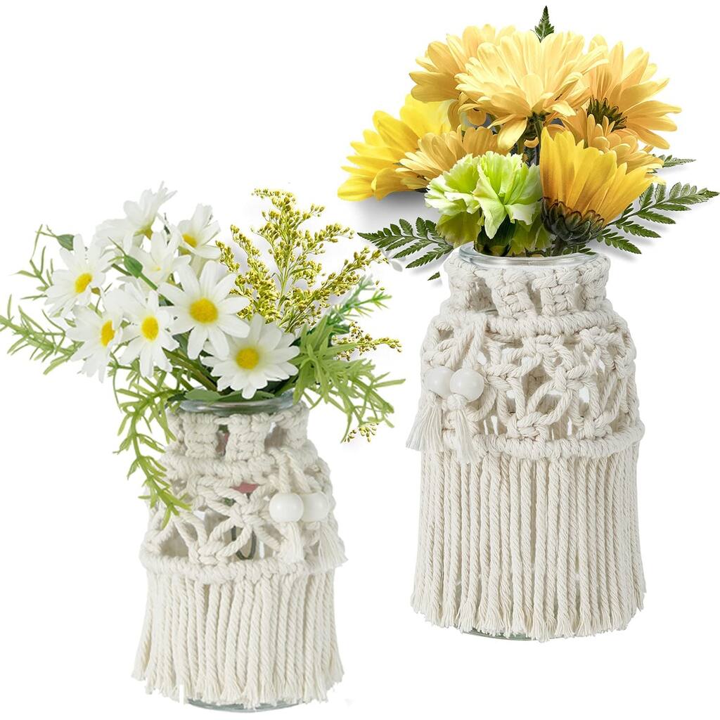 Vintage Flower Glass Vase with Macrame Cotton Rope Set of 2