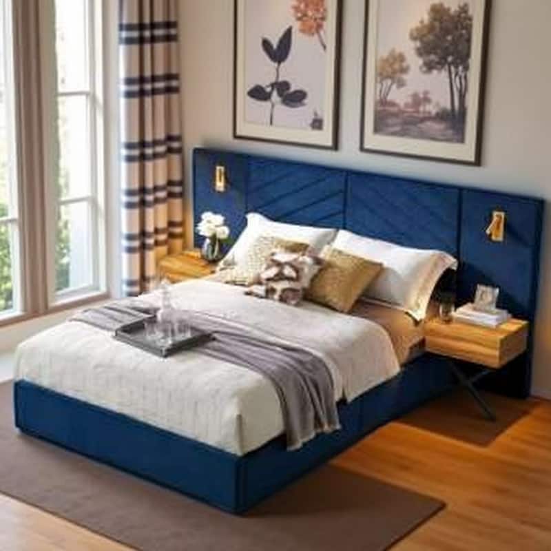 Queen Size Upholstered Velvet Bed Frame with Wingback Headboard, Vertical Channel Tufted Design, No Box Spring Required - Retro Blue