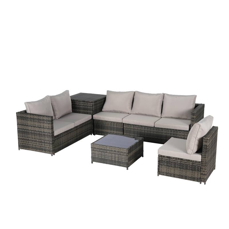 Large Furniture Set Woven Sectional Couches L- Shape Sectional Recliner Wicker Conversation Set wCorner Table, Glass Top Table