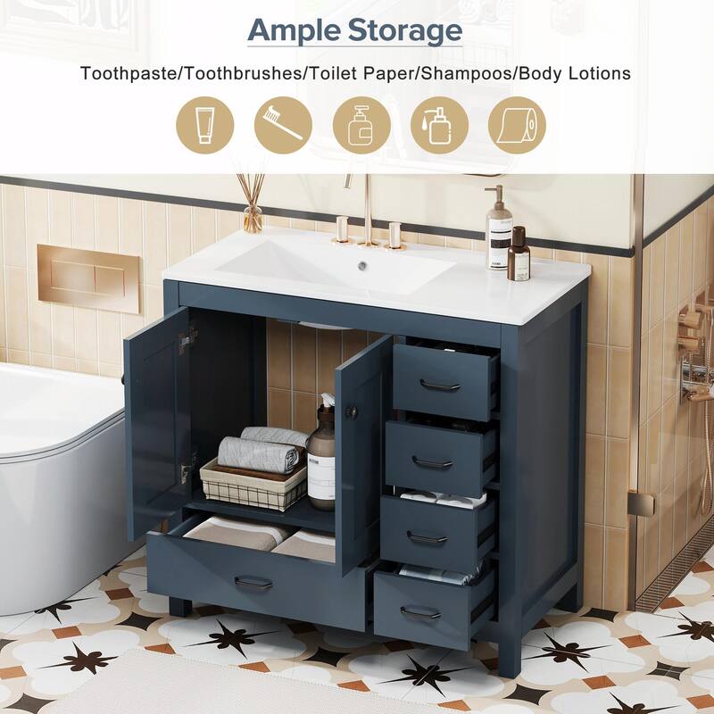 36" White Bathroom Vanity with Ceramic Sink Combo, Ample Storage Cabinet - 2 Soft-Close Doors and 5 Drawers