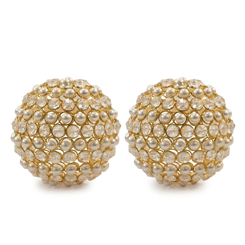 HomeRoots Set of Two 5" Gold Clear And Ivory Metal Faux Crystal And Pearl Decorative Orbs